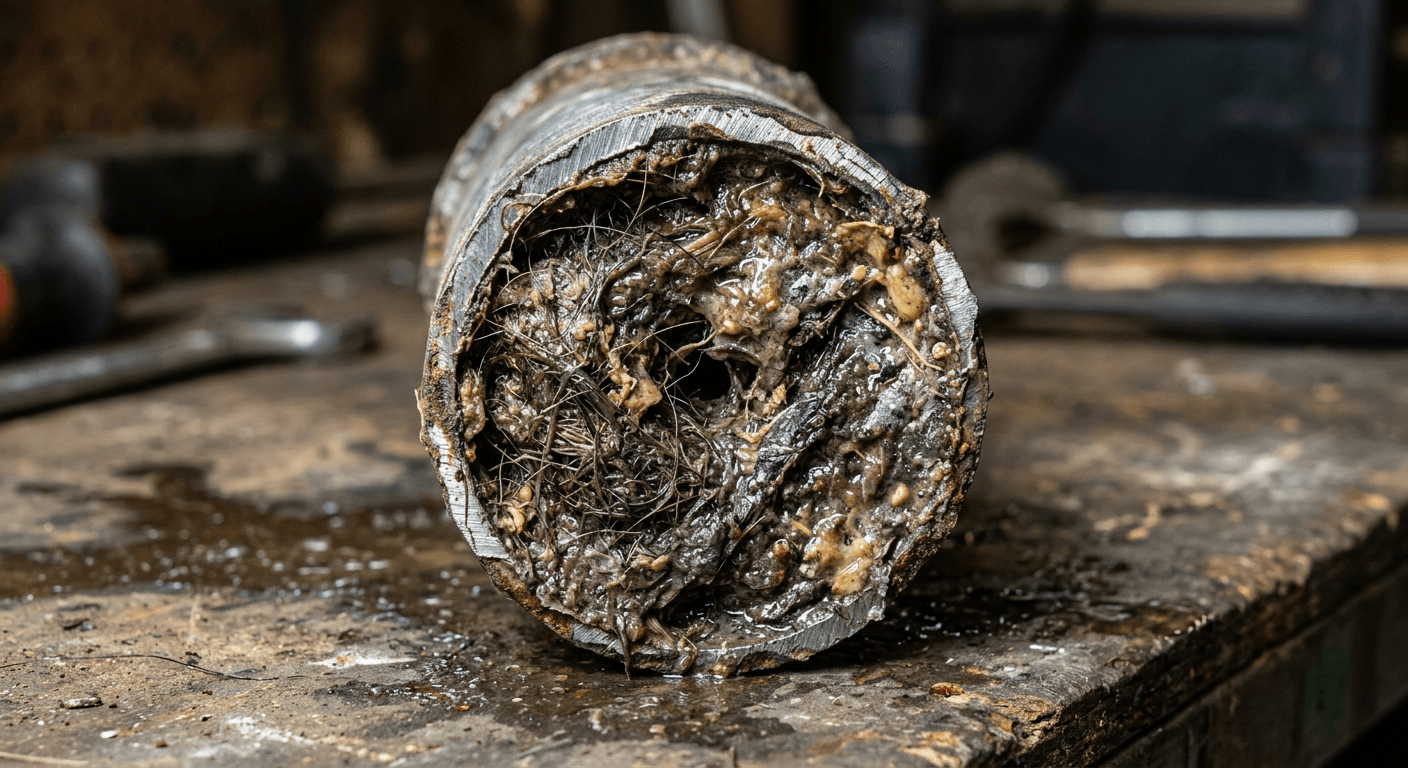 أنبوب مجاري مسدود بالدهون والرواسب يحتاج تسليك