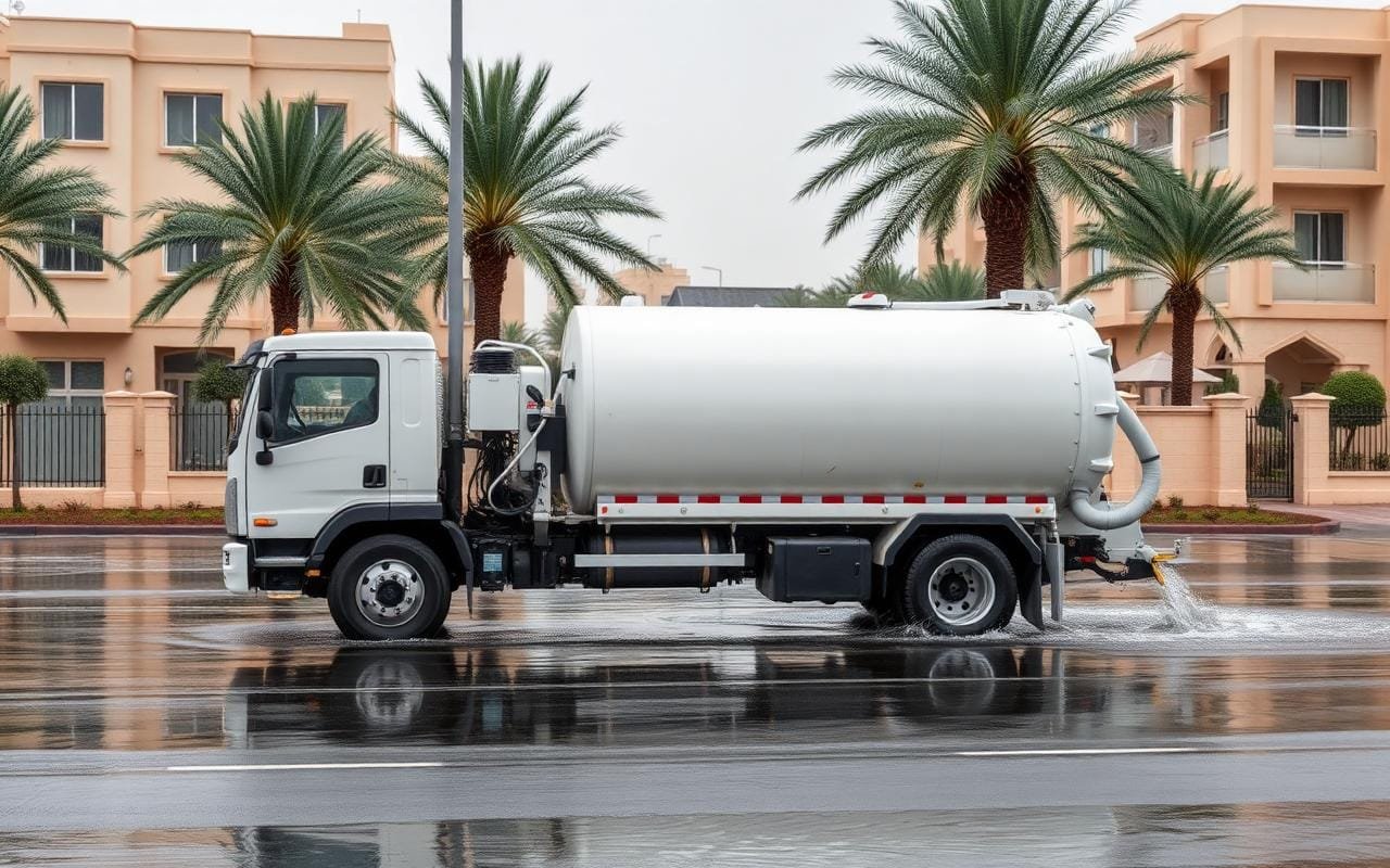 وايت شفط المجاري بجدة يقوم بسحب مياه السيول من شارع سكني بعد العاصفة