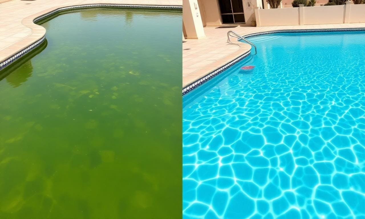 علاج مياه المسبح الخضراء قبل وبعد - شركة تنظيف مسابح بجدة