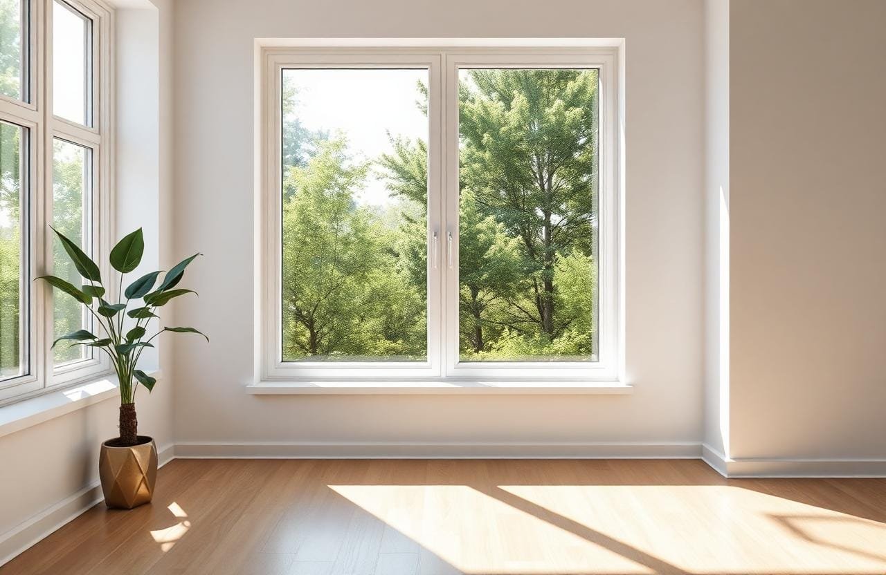 نوافذ زجاجية نظيفة لامعة في غرفة معيشة مضاءة بالشمس