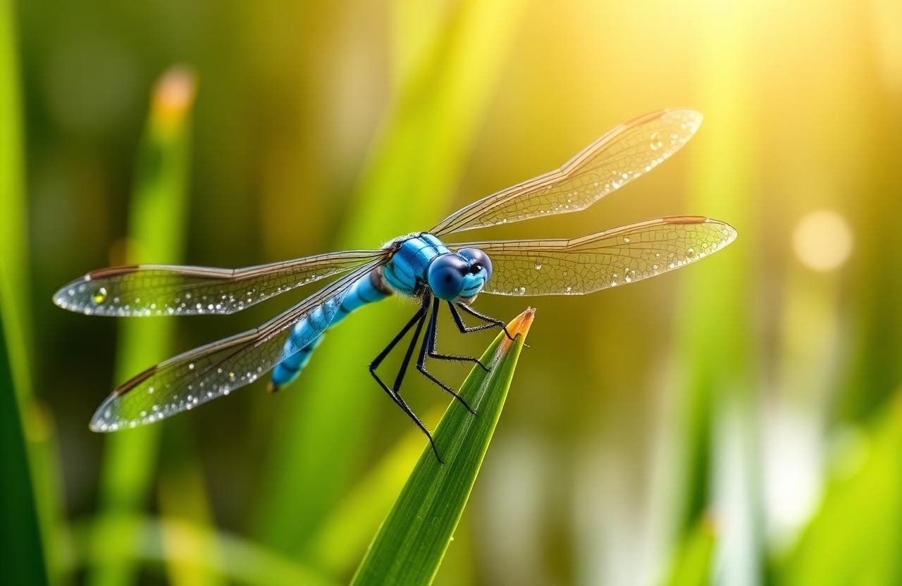 حشرة اليعسوب الزرقاء على ساق نبات قرب البركة