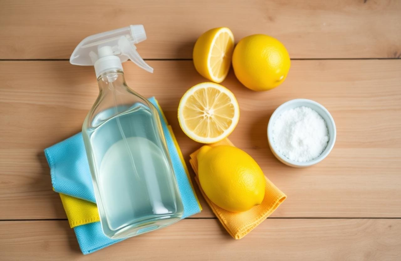 مكونات منزلية لتنظيف النوافذ: خل أبيض، ليمون، نشا، قطع ميكروفايبر