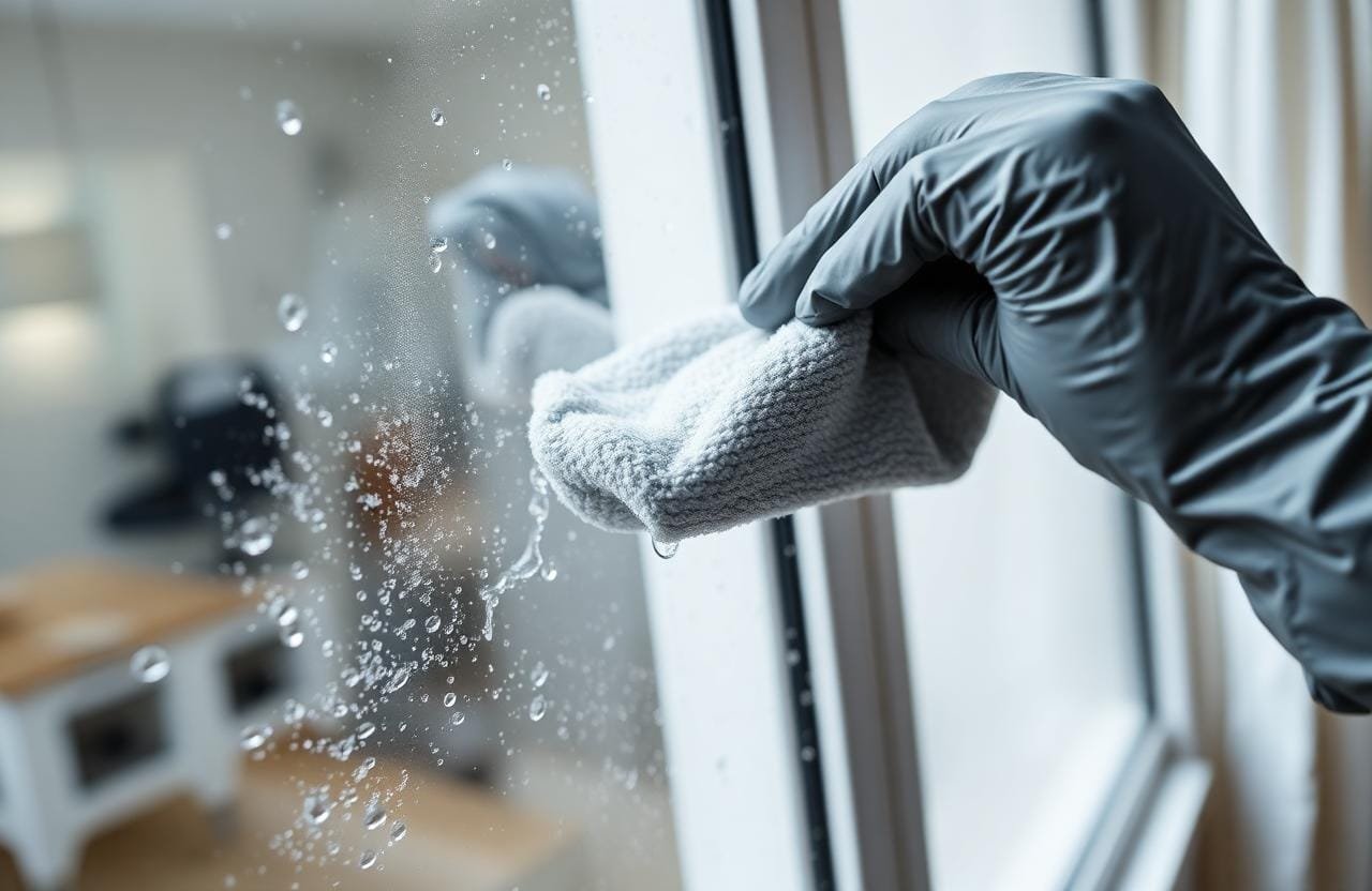 تنظيف إطار نافذة من الألومنيوم بقطعة ميكروفايبر