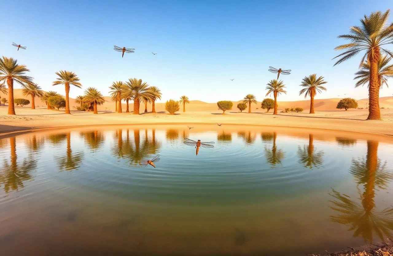 يعاسيب فوق بركة واحة في الصحراء السعودية بين النخيل