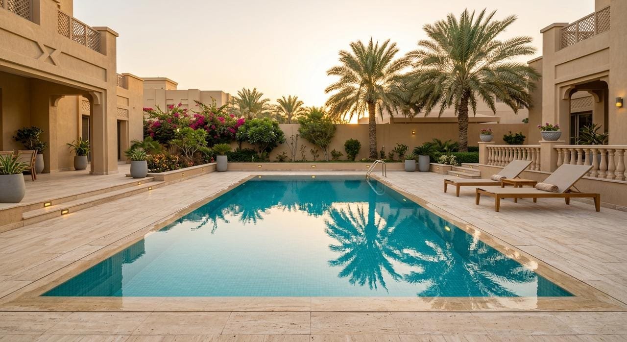 مسبح فيلا فاخرة بالخفجي بعد التنظيف الاحترافي